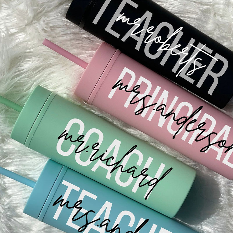 Personalized Text Overlap Teacher Name Teacher Skinny Tumbler