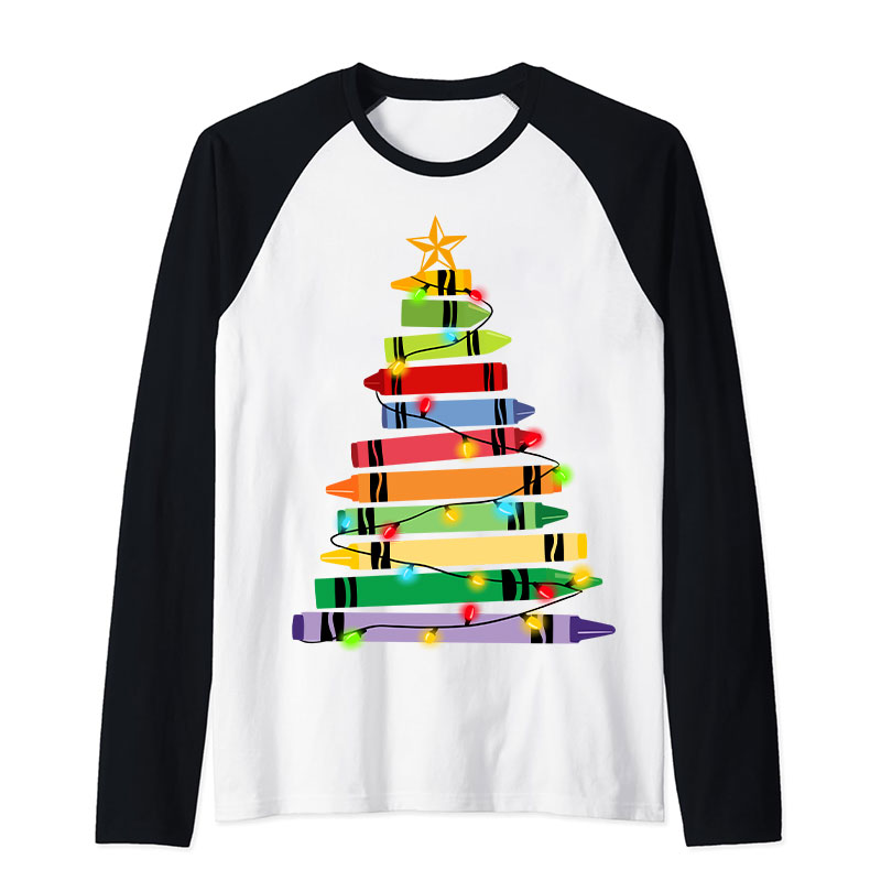 Crayons Tree Colored Lights Teacher Raglan Long Sleeve T-Shirt