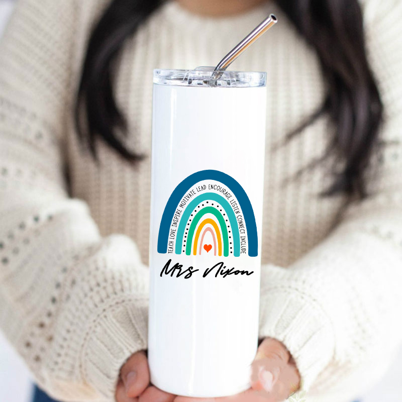 Personalized Teach Love Inspire Motivate Lead Encourage Listen Connect Include Teacher Skinny Tumbler